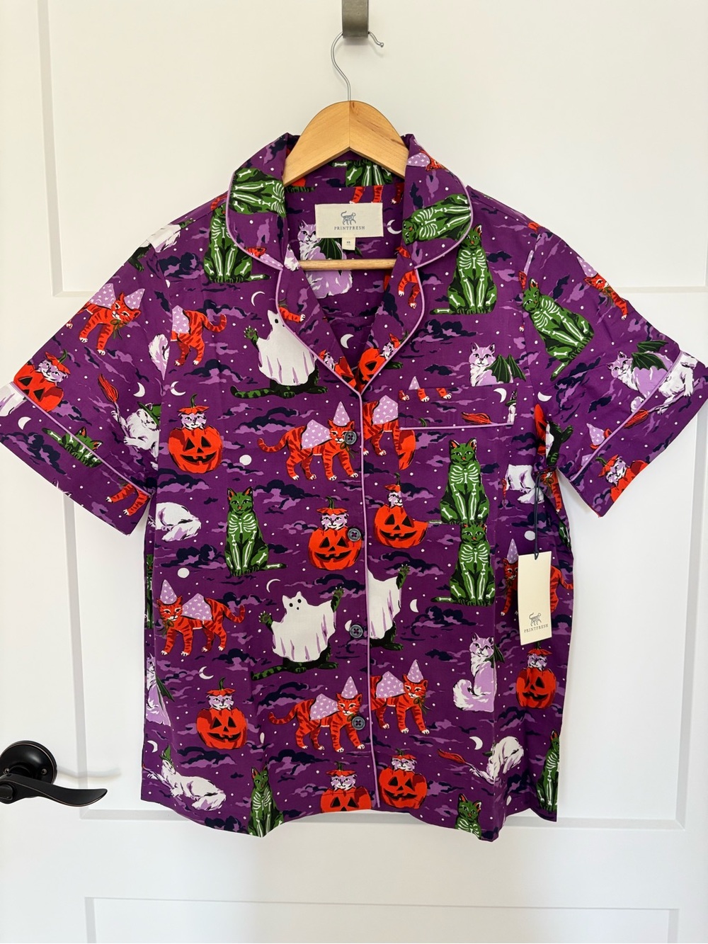 Printfresh Halloween House Cats Short Sleeve Top & Cropped Pants Pajama Set NWT